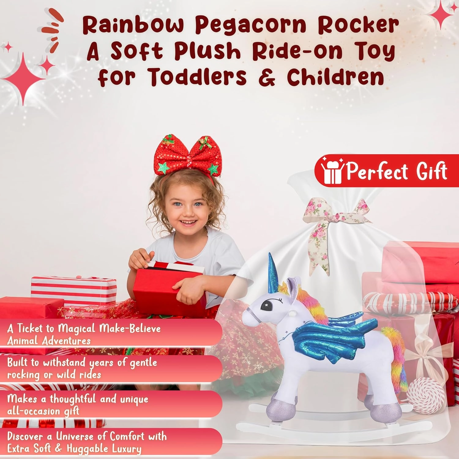 Rainbow Pegacorn Rocker Ride On Toy, Stuffed Animal Rockers for 18 Month   Infants and Toddlers, Forest & Twelfth Stuffed Rocking Animal Child Rocking Toy with Sound (Pegacorn)