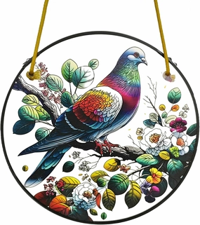 Rainbow Pigeon Garden Suncatchers Outdoor, Colorful Feather Pigeon on Branch Stained Glass Window Hanging Dove Sign for Kitchen Living Room, Birds Window Decor Birthday Gift 7.9"/20cm