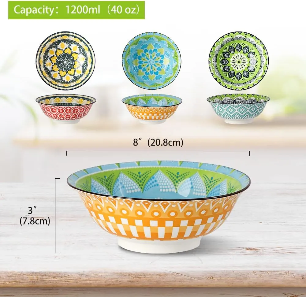 Ramen Bowl Set Pho Bowls - Porcelain Soup Bowls Set of 3 - Noodle Bowl Sets for Kitchen 35 oz - 8 inch Colorful Ceramic Bowls for Serving Cereal | Salad | Pasta | Miso - Microwave and Dishwasher Safe
