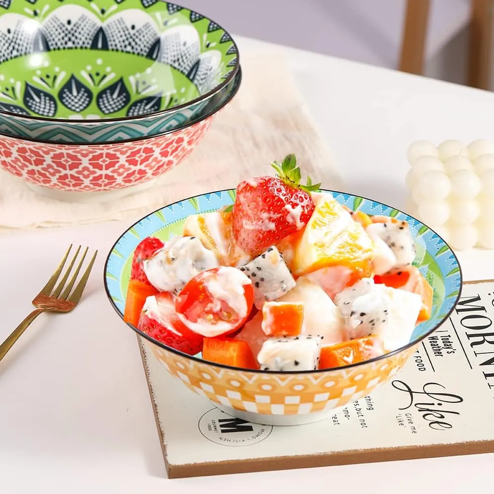 Ramen Bowl Set Pho Bowls - Porcelain Soup Bowls Set of 3 - Noodle Bowl Sets for Kitchen 35 oz - 8 inch Colorful Ceramic Bowls for Serving Cereal | Salad | Pasta | Miso - Microwave and Dishwasher Safe