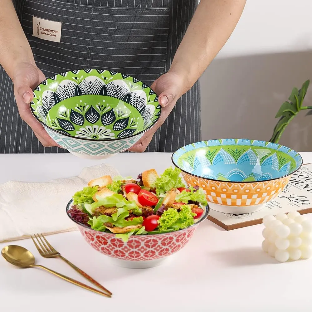 Ramen Bowl Set Pho Bowls - Porcelain Soup Bowls Set of 3 - Noodle Bowl Sets for Kitchen 35 oz - 8 inch Colorful Ceramic Bowls for Serving Cereal | Salad | Pasta | Miso - Microwave and Dishwasher Safe
