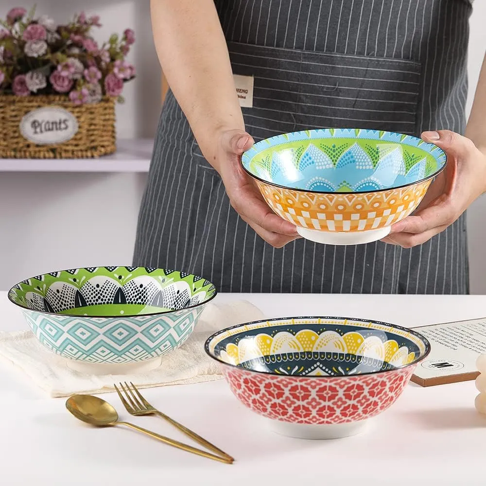 Ramen Bowl Set Pho Bowls - Porcelain Soup Bowls Set of 3 - Noodle Bowl Sets for Kitchen 35 oz - 8 inch Colorful Ceramic Bowls for Serving Cereal | Salad | Pasta | Miso - Microwave and Dishwasher Safe