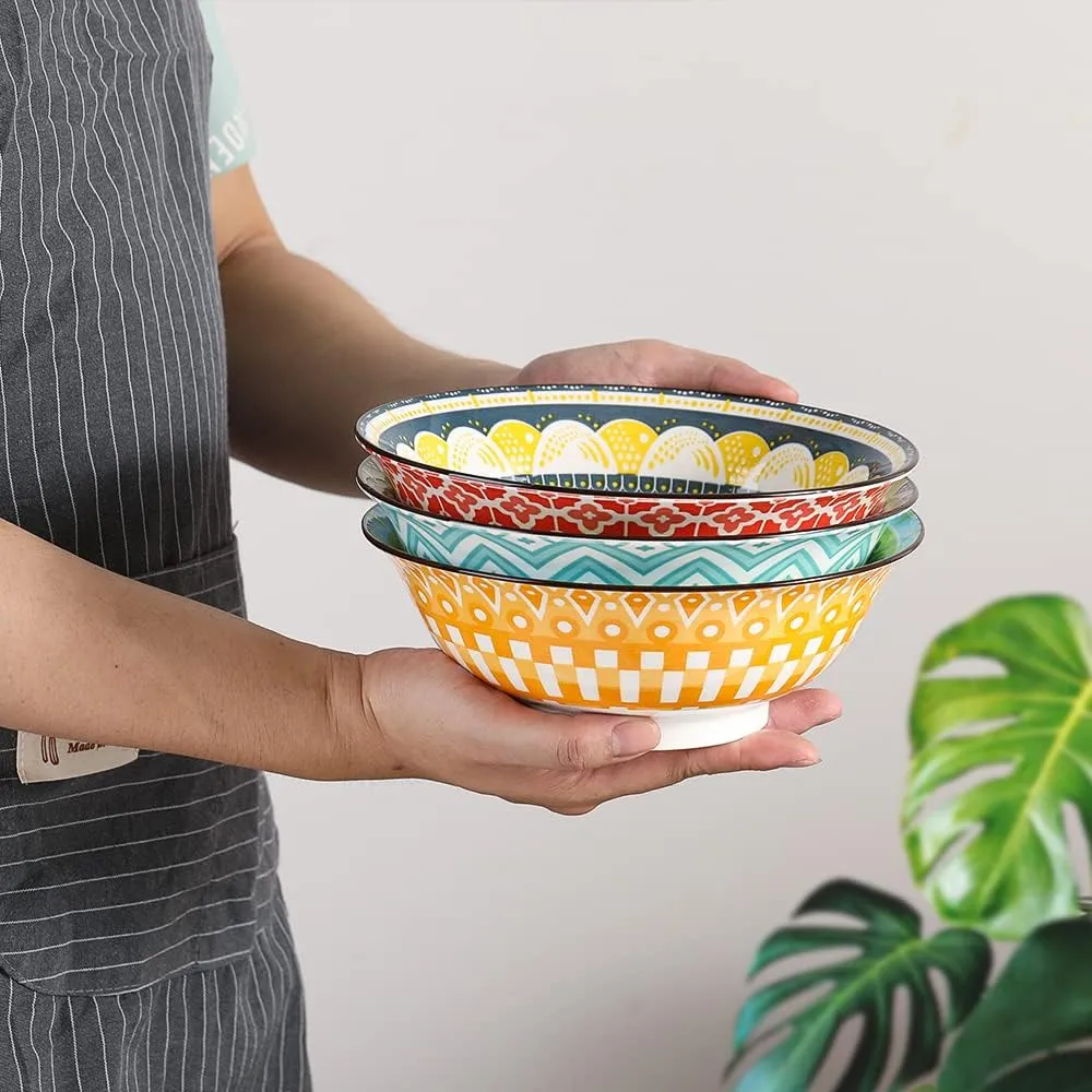 Ramen Bowl Set Pho Bowls - Porcelain Soup Bowls Set of 3 - Noodle Bowl Sets for Kitchen 35 oz - 8 inch Colorful Ceramic Bowls for Serving Cereal | Salad | Pasta | Miso - Microwave and Dishwasher Safe
