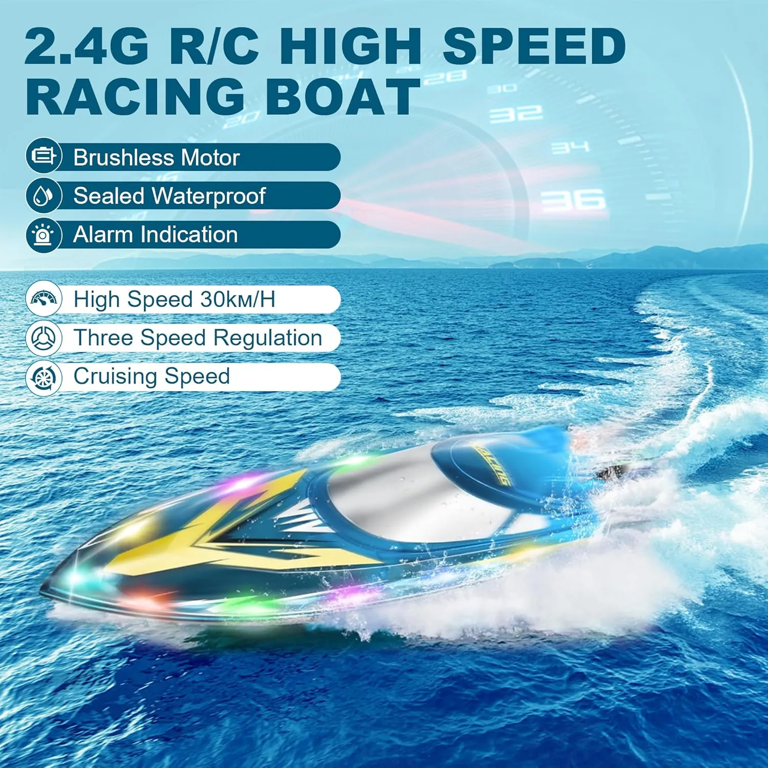 RC Boat for Adults Kids, 30  KPH Remote Control Boat for Lake Pool River with Cruise-Control, Racing Boats, 60Min, 3 Speeds, Self-Righting, One Key Demo, LED Light, 2 Batteries, Ideal Toy Gift for Kid