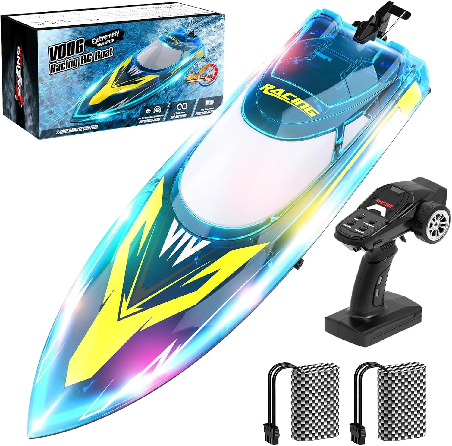 RC Boat for Adults Kids, 30  KPH Remote Control Boat for Lake Pool River with Cruise-Control, Racing Boats, 60Min, 3 Speeds, Self-Righting, One Key Demo, LED Light, 2 Batteries, Ideal Toy Gift for Kid