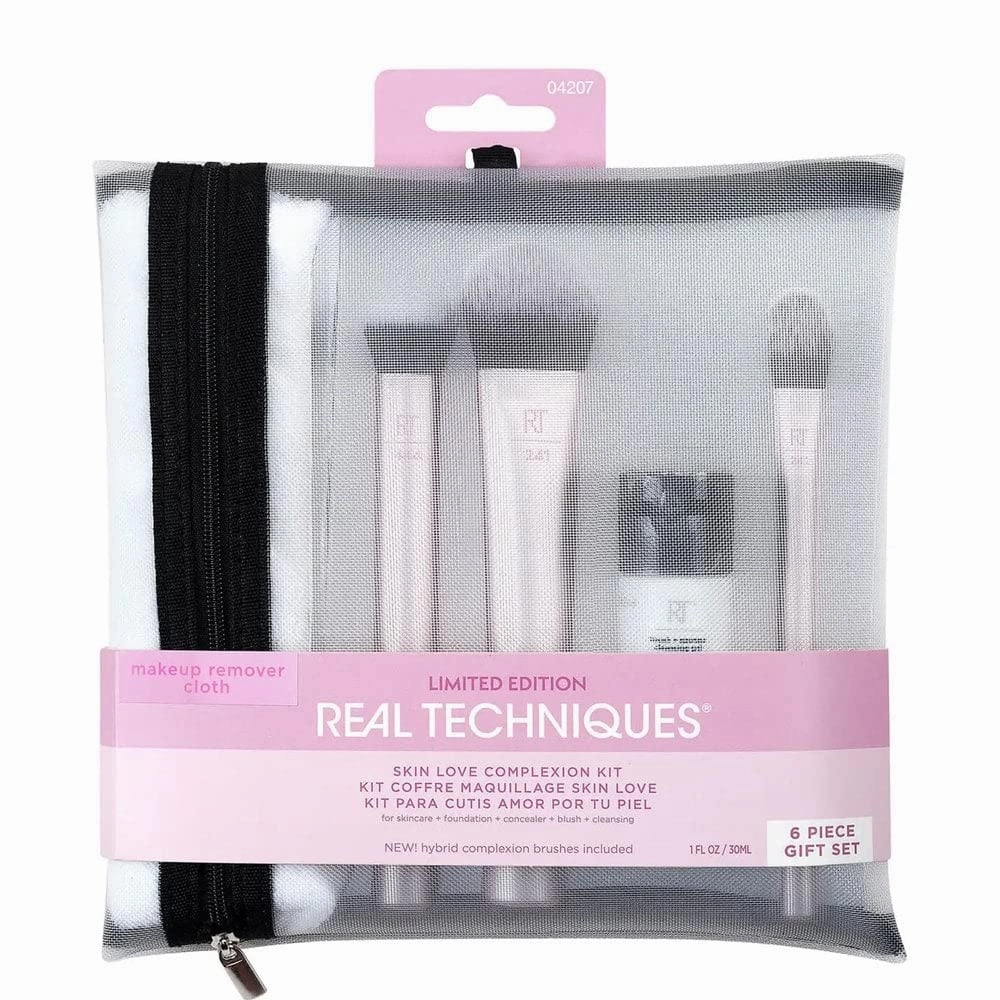 Real Techniques Limited Edition Skin Love Complexion Makeup Brush and Skincare Christmas Gift Set, Pink, 6 Count, Perfect For Wife, Spouse, Significant Other, Girlfriend, and Daughter