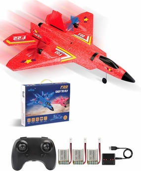 Remote Control Plane F-22 Raptor, 2.4Ghz Rc Airplane with Smart Gyro/LED Lights/3 Rechargeable Batteries, Jet Fighter Toy Gift for Kids Boy Girl Beginner (Red)