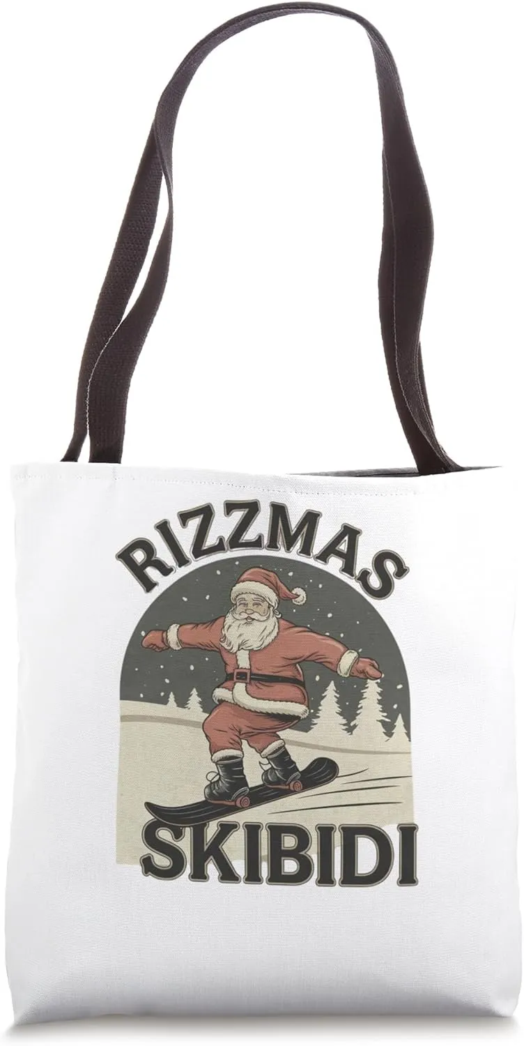 Retro Skibidi Rizzmas Funny Santa Clause Skating Board Tote Bag