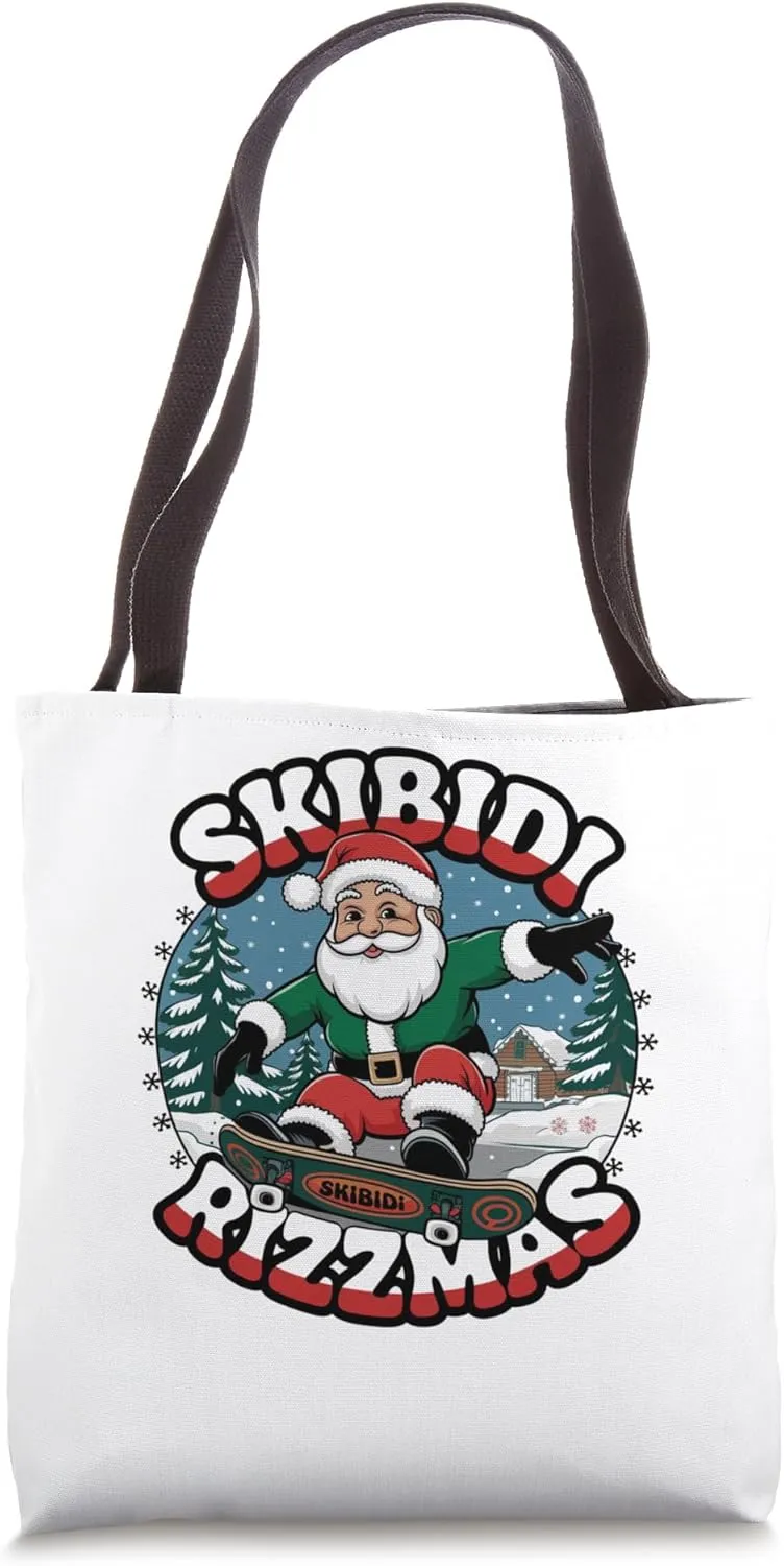 Retro Skibidi Rizzmas Funny Santa Clause Skating Board Tote Bag