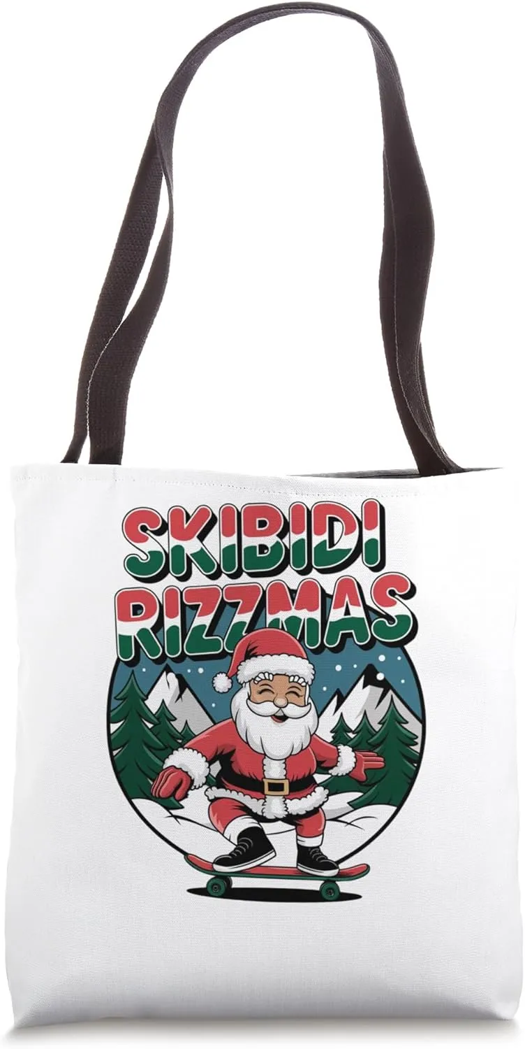 Retro Skibidi Rizzmas Funny Santa Clause Skating Board Tote Bag
