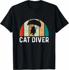 Retro Cat Parachuting Adventure Graphic Novelty - Cat Diver T-Shirt