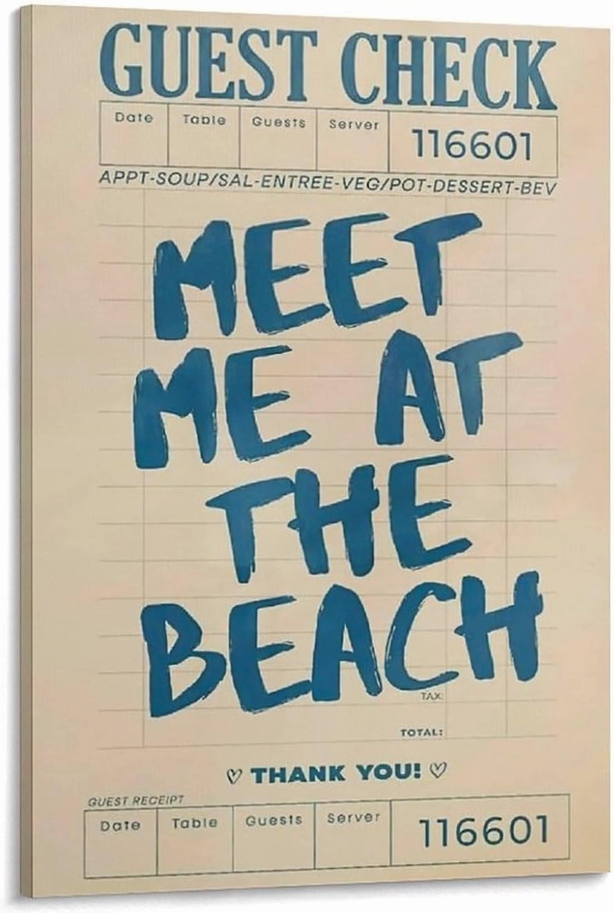 Retro Guest Check Meet Me At The Beach Trendy Preppy Poster Canvas Wall Art Posters For Room Aesthetic And Decor Poster For Bedroom Living Room Bathroom Kitchen Office Decor 08x12inch(20x30cm) Frame-s