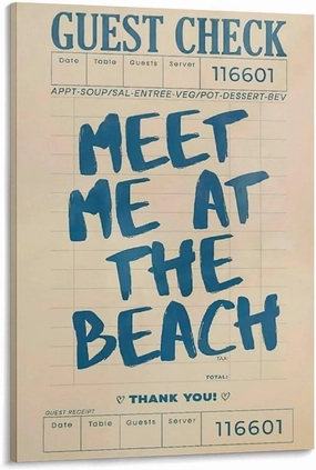 Retro Guest Check Meet Me At The Beach Trendy Preppy Poster Canvas Wall Art Posters For Room Aesthetic And Decor Poster For Bedroom Living Room Bathroom Kitchen Office Decor 08x12inch(20x30cm) Frame-s
