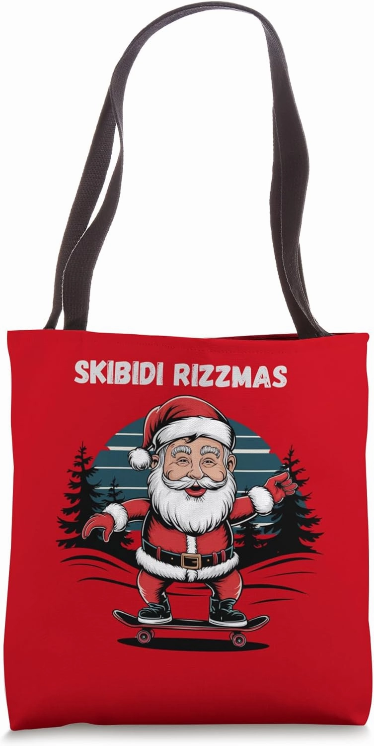 Retro Skibidi Rizzmas Funny Santa Clause Skating Board Tote Bag