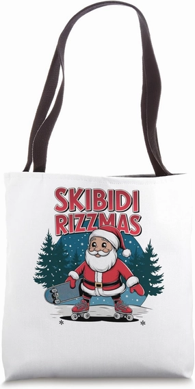 Retro Skibidi Rizzmas Funny Santa Clause Skating Board Tote Bag