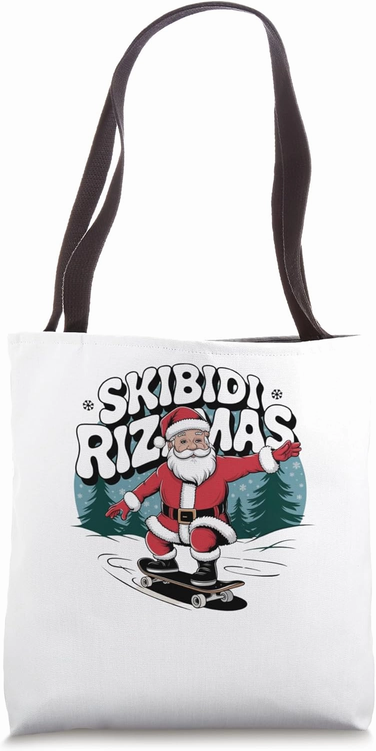 Retro Skibidi Rizzmas Funny Santa Clause Skating Board Tote Bag
