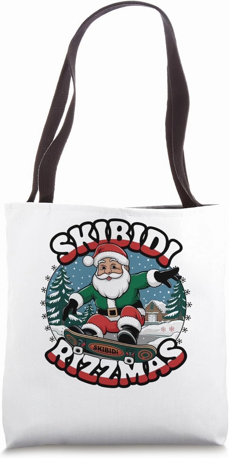 Retro Skibidi Rizzmas Funny Santa Clause Skating Board Tote Bag