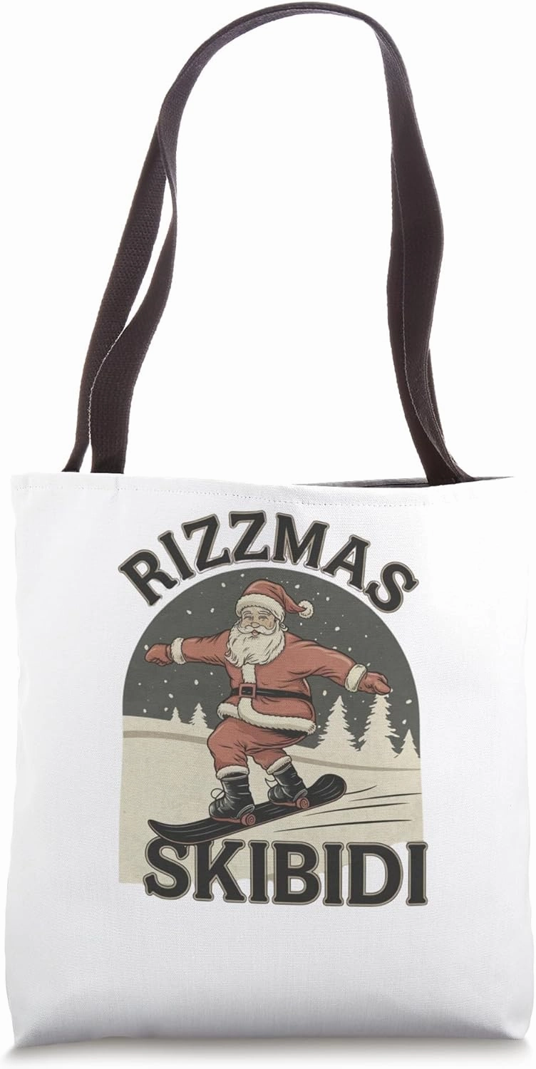 Retro Skibidi Rizzmas Funny Santa Clause Skating Board Tote Bag