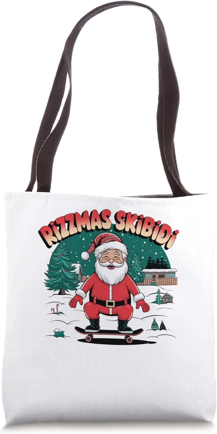 Retro Skibidi Rizzmas Funny Santa Clause Skating Board Tote Bag