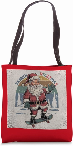 Retro Skibidi Rizzmas Funny Santa Clause Skating Board Tote Bag
