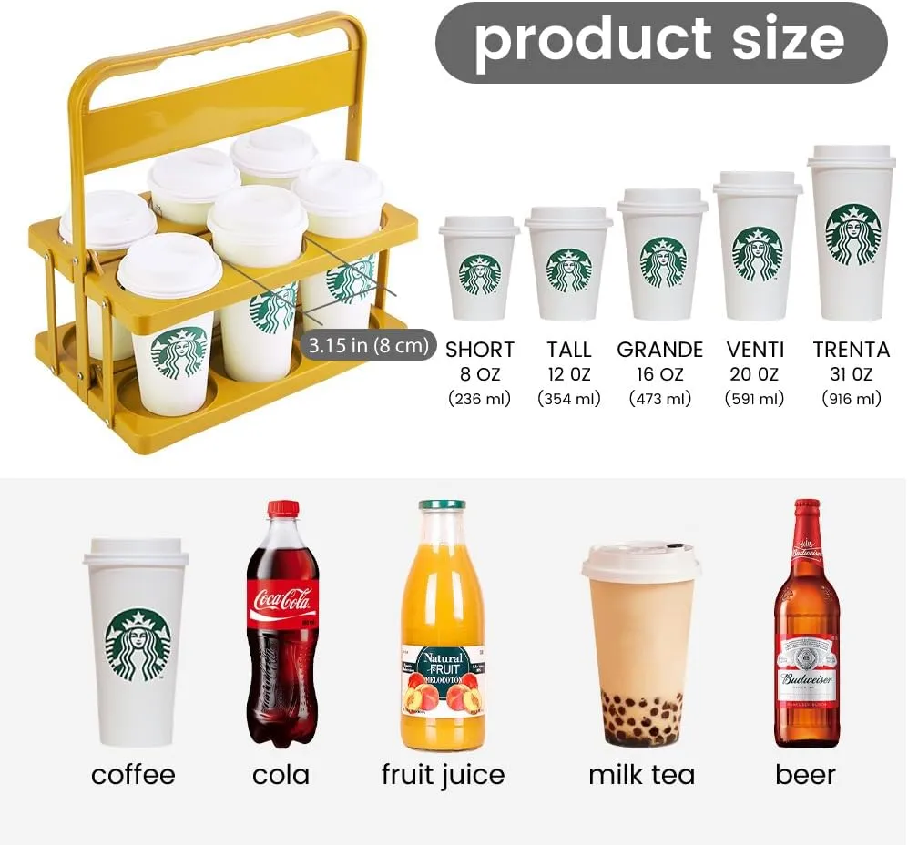 Reusable Drink Carrier with Handle for Doordash, Grubhub, Portable Cup/Coffee Holder Accessories for Delivery, Foldable Drinks Caddy with Tray, Car Durable Plastic Festive Bottle, Vacation