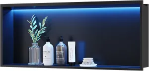 RGB LED Light Shower Niche, Matte Black 30X12 in Stainless Steel Wall Niche with Remote Control, Waterproof No Tile Needed Wall Niche for Bathroom Storage Built-in Installation