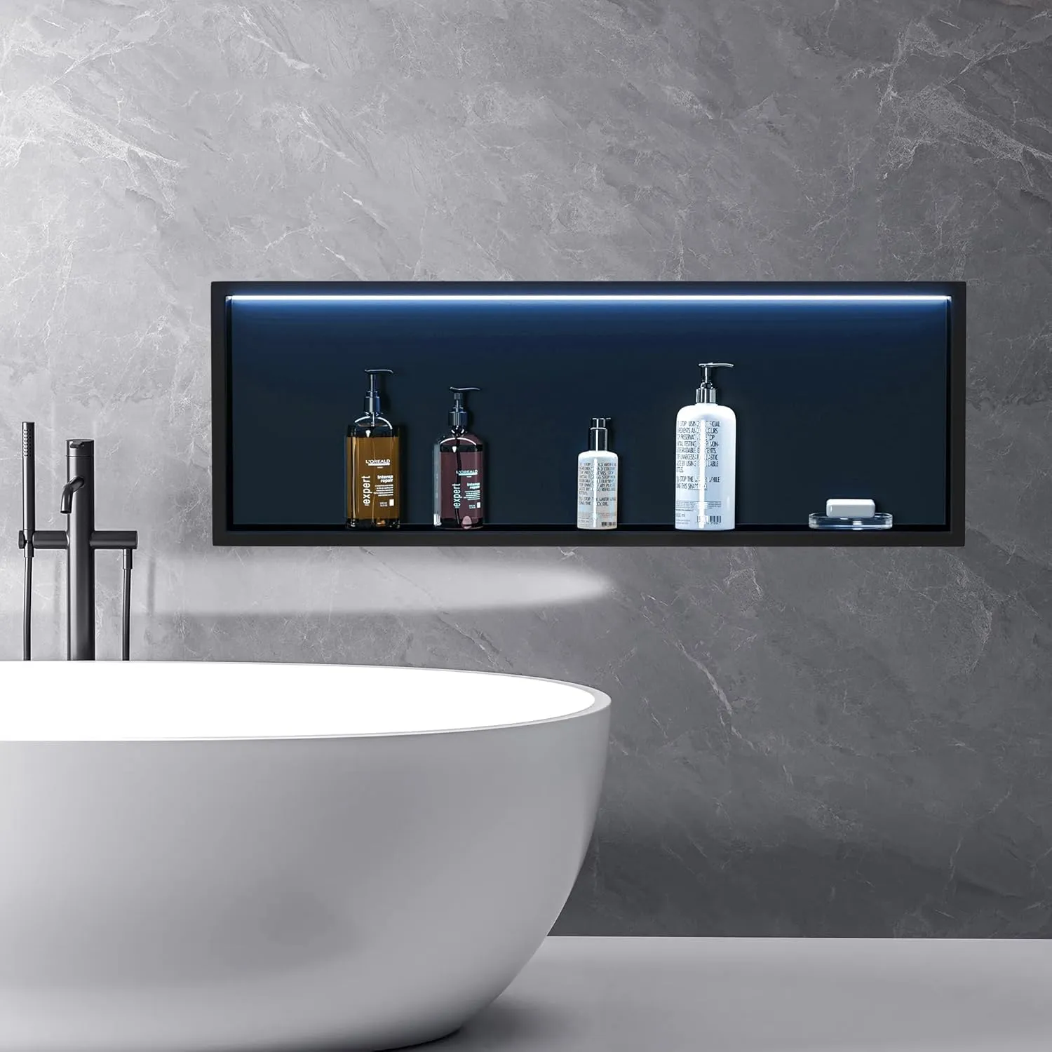 RGB LED Light Shower Niche, Matte Black 30X12 in Stainless Steel Wall Niche with Remote Control, Waterproof No Tile Needed Wall Niche for Bathroom Storage Built-in Installation