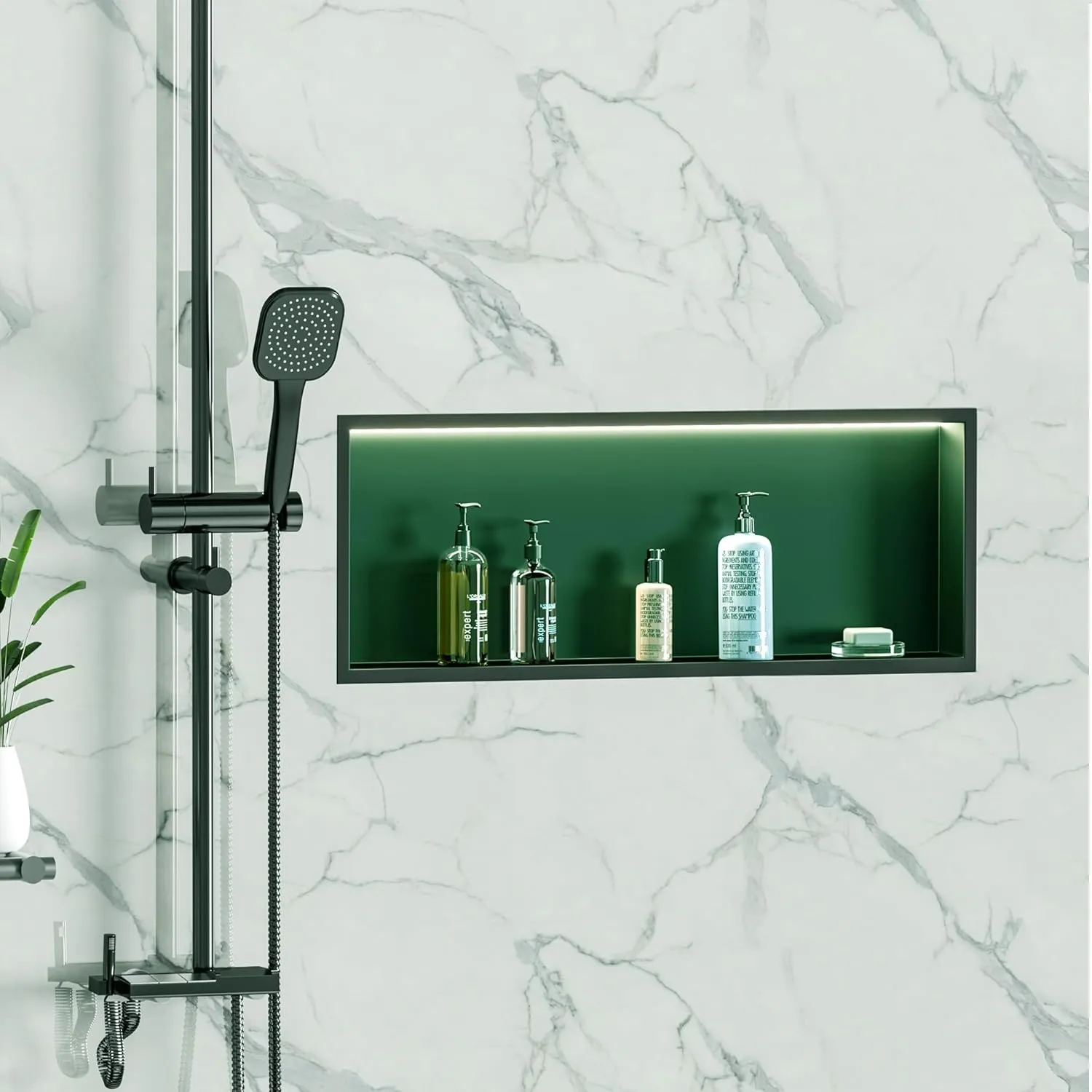 RGB LED Light Shower Niche, Matte Black 30X12 in Stainless Steel Wall Niche with Remote Control, Waterproof No Tile Needed Wall Niche for Bathroom Storage Built-in Installation