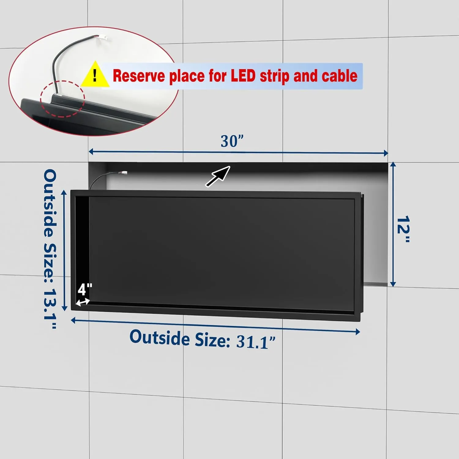 RGB LED Light Shower Niche, Matte Black 30X12 in Stainless Steel Wall Niche with Remote Control, Waterproof No Tile Needed Wall Niche for Bathroom Storage Built-in Installation