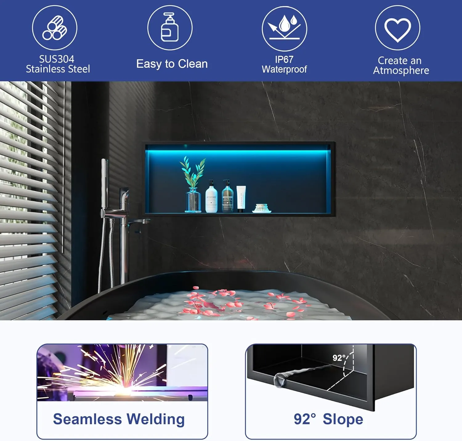 RGB LED Light Shower Niche, Matte Black 30X12 in Stainless Steel Wall Niche with Remote Control, Waterproof No Tile Needed Wall Niche for Bathroom Storage Built-in Installation