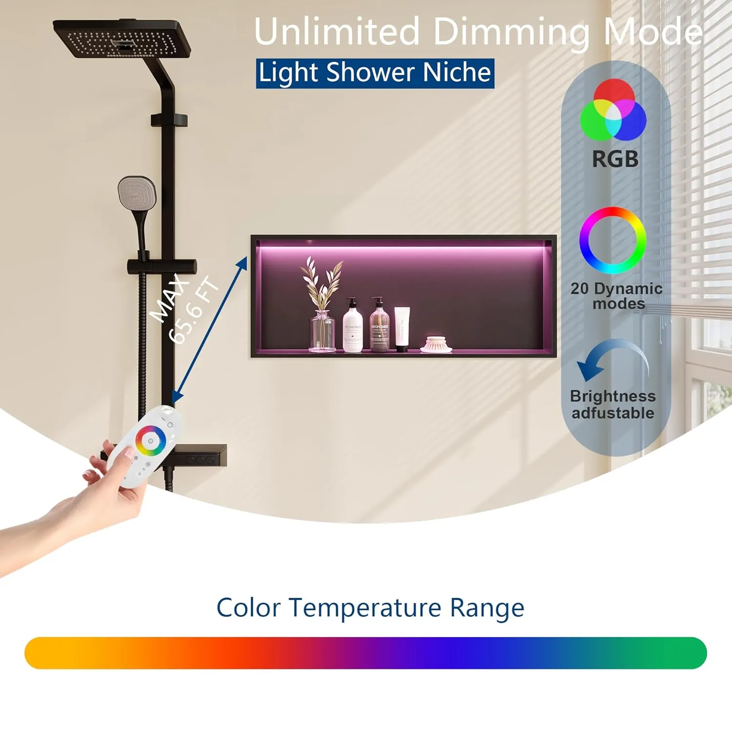 RGB LED Light Shower Niche, Matte Black 30X12 in Stainless Steel Wall Niche with Remote Control, Waterproof No Tile Needed Wall Niche for Bathroom Storage Built-in Installation