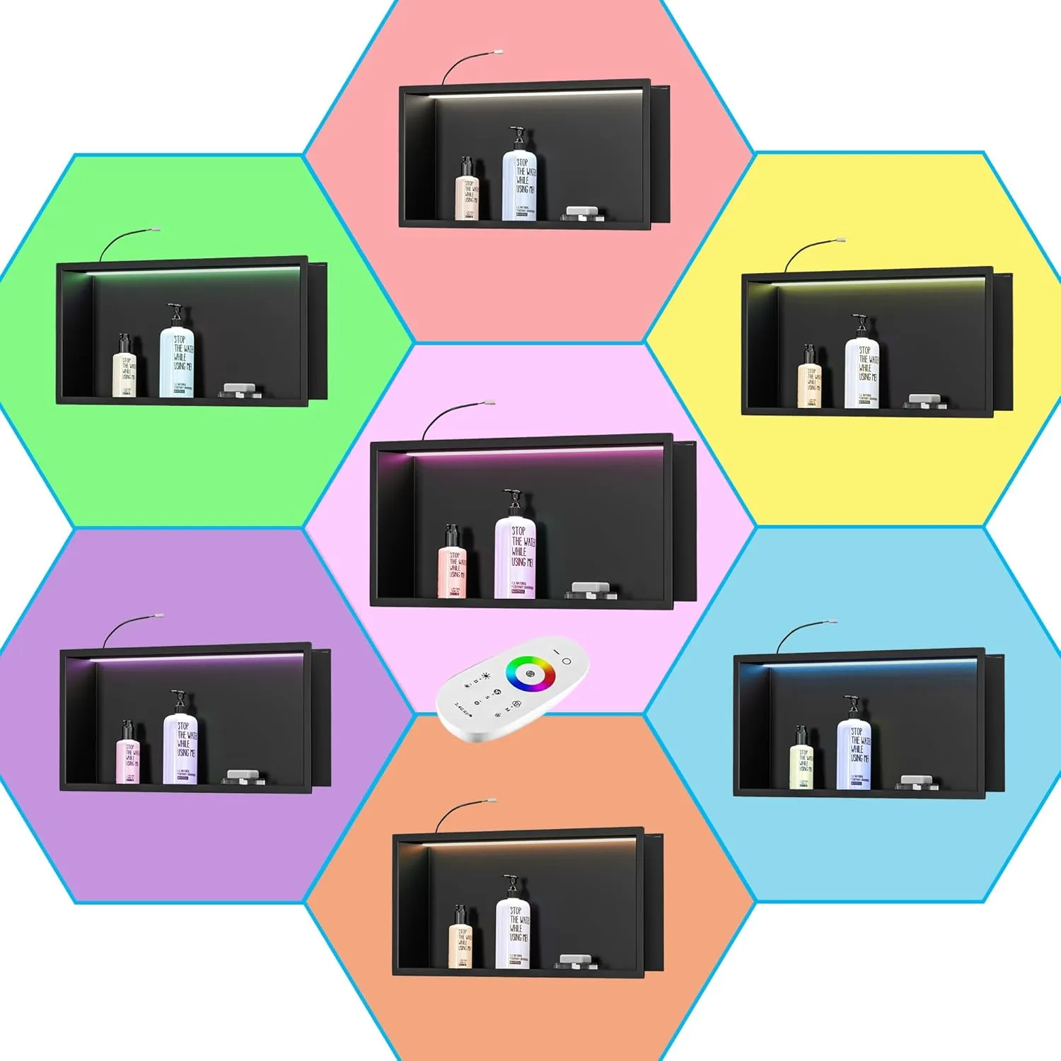 RGB LED Light Shower Niche, Matte Black 30X12 in Stainless Steel Wall Niche with Remote Control, Waterproof No Tile Needed Wall Niche for Bathroom Storage Built-in Installation