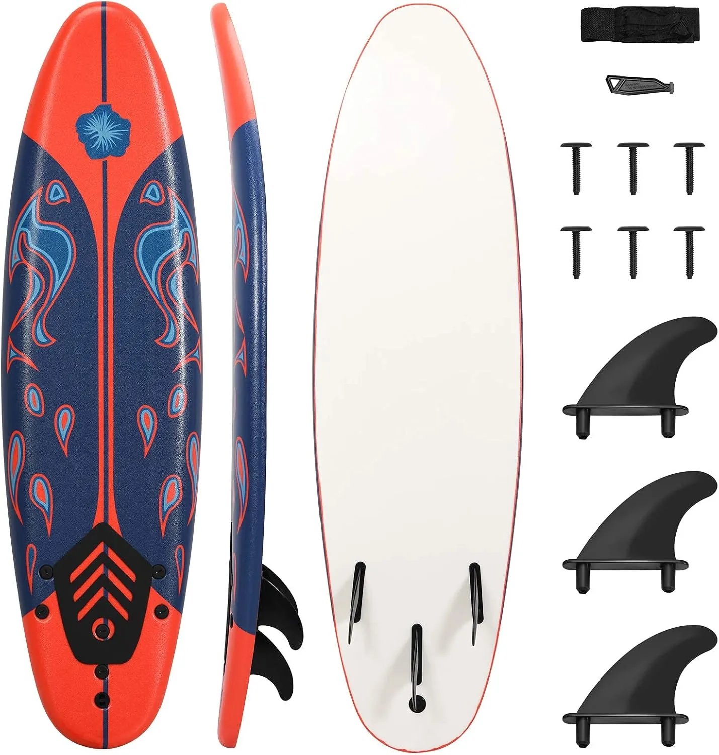 RIVALLYCOOL 6FT Surfboard, Inflatable Long Surfing Board with Removable Fins & Safety Leash, Lightweight Non-Slip Paddle Board for All Surfing Skill Levels (Red)