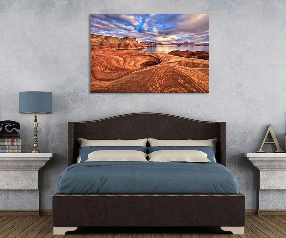 Rock formation Along Shores of Lake Powell Arizona Landscape Wall Art for Living Room Bedroom Bathroom Home Decorations Picture Canvas Prints Modern Artwork Framed Ready to Hang(24''H x 36''W)