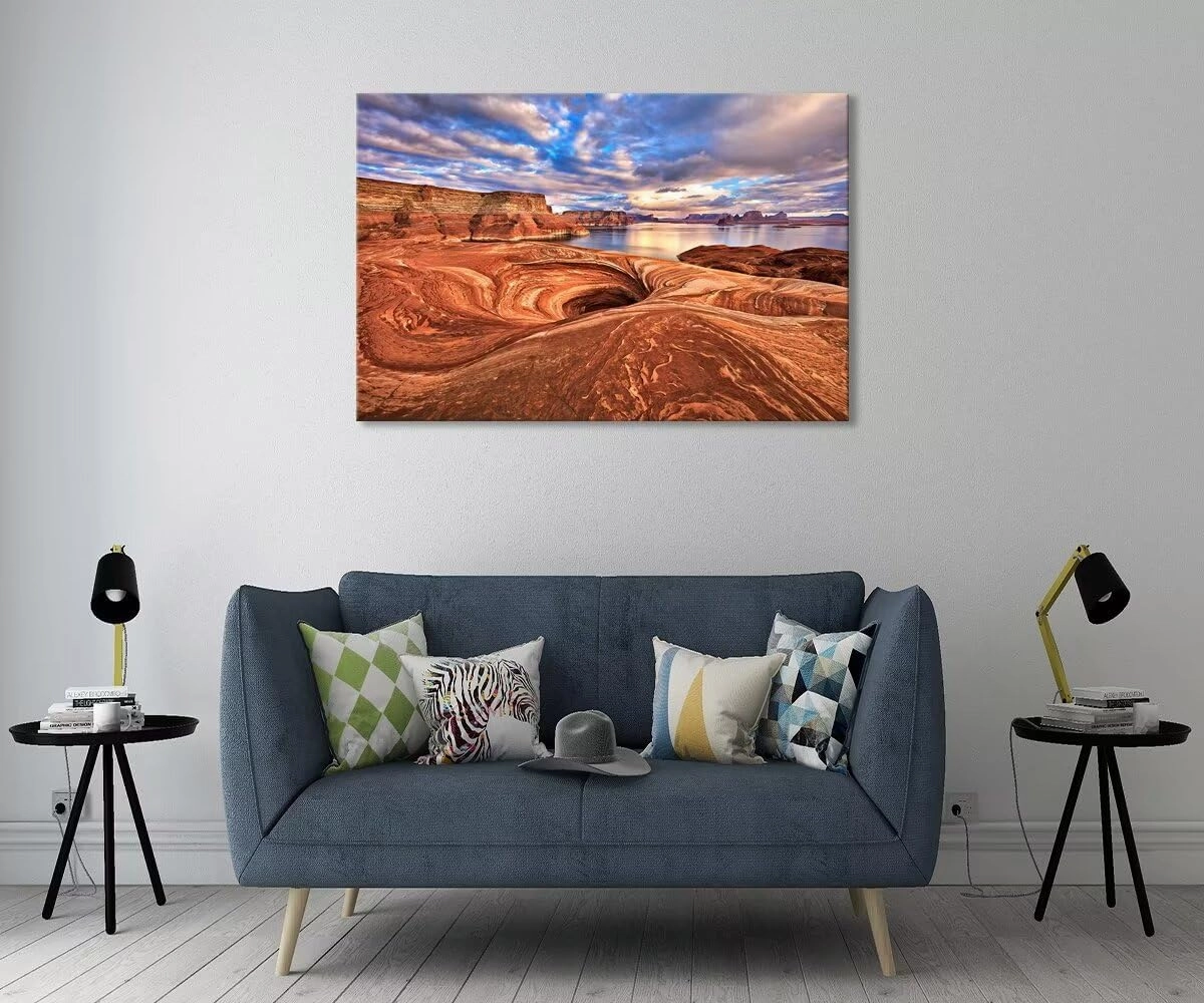 Rock formation Along Shores of Lake Powell Arizona Landscape Wall Art for Living Room Bedroom Bathroom Home Decorations Picture Canvas Prints Modern Artwork Framed Ready to Hang(24''H x 36''W)