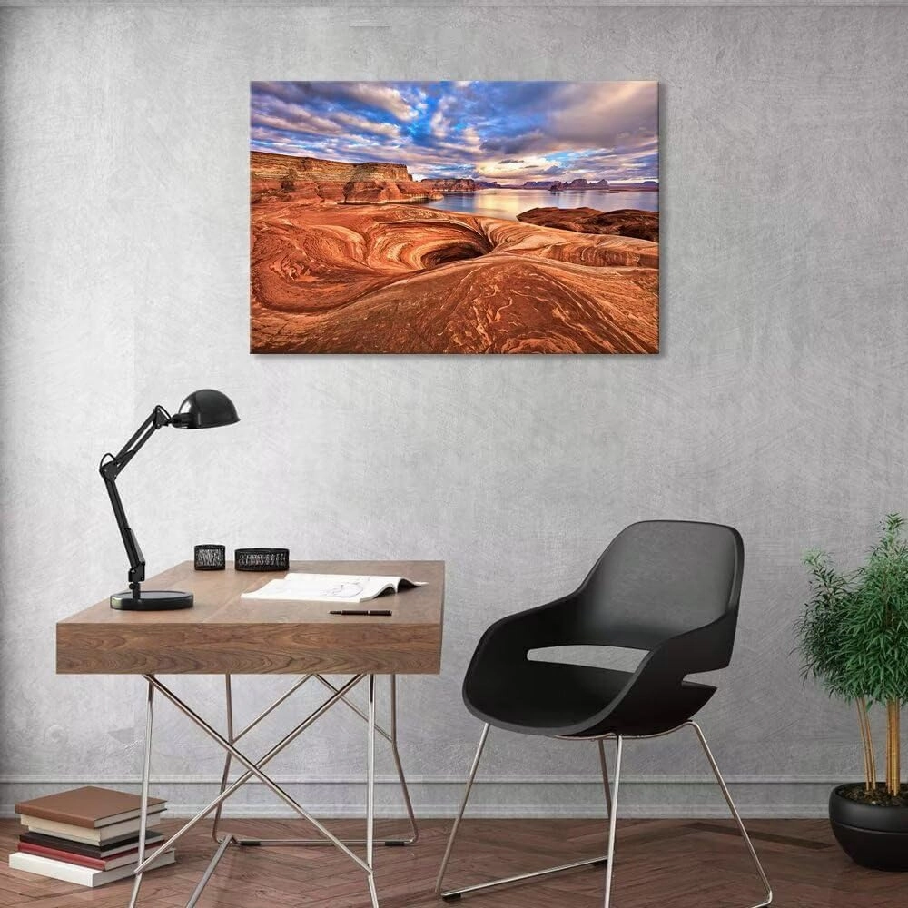 Rock formation Along Shores of Lake Powell Arizona Landscape Wall Art for Living Room Bedroom Bathroom Home Decorations Picture Canvas Prints Modern Artwork Framed Ready to Hang(24''H x 36''W)