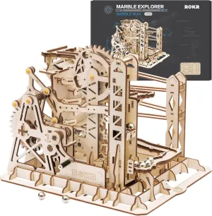 ROKR 3D Assembly Wooden Puzzle Brain Teaser Game Mechanical Gears Set Model Kit Marble Run Set Unique Craft Kits Christmas/Birthday/Valentine's Gift for Adults & Kids Age 14 (LG503-Lift Coaster)