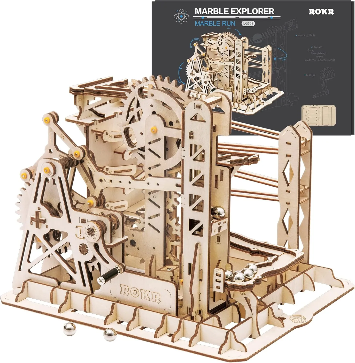 ROKR 3D Assembly Wooden Puzzle Brain Teaser Game Mechanical Gears Set Model Kit Marble Run Set Unique Craft Kits Christmas/Birthday/Valentine's Gift for Adults & Kids Age 14 (LG503-Lift Coaster)
