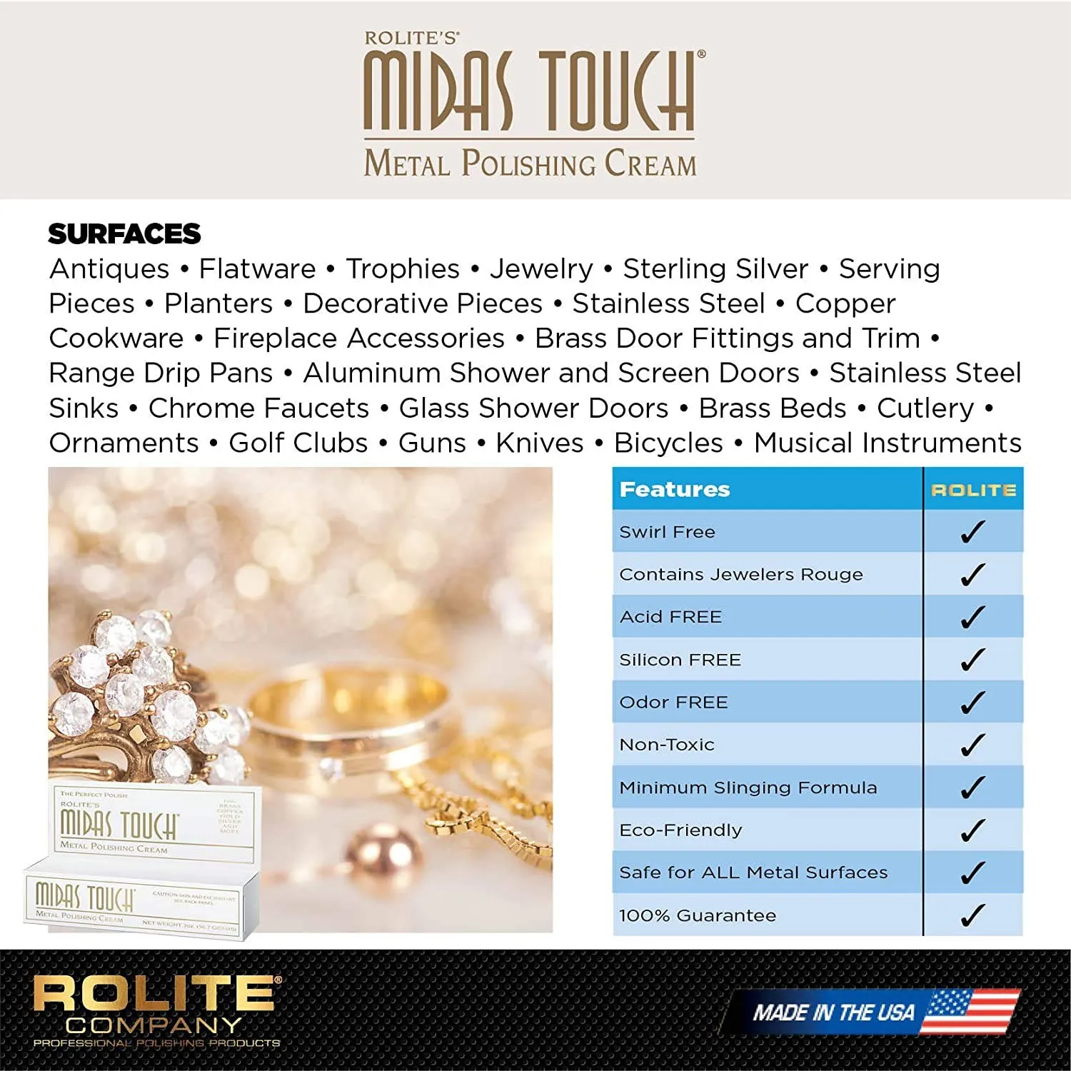 Rolite - MTMPC1#2PK Midas Touch Metal Polishing Cream - Cleaner and Polishing Rouge for Sterling Silver, Gold, Brass, Chrome, Copper, and Other Metals, Non-Toxic Formula, 1 Pound, 2 Pack
