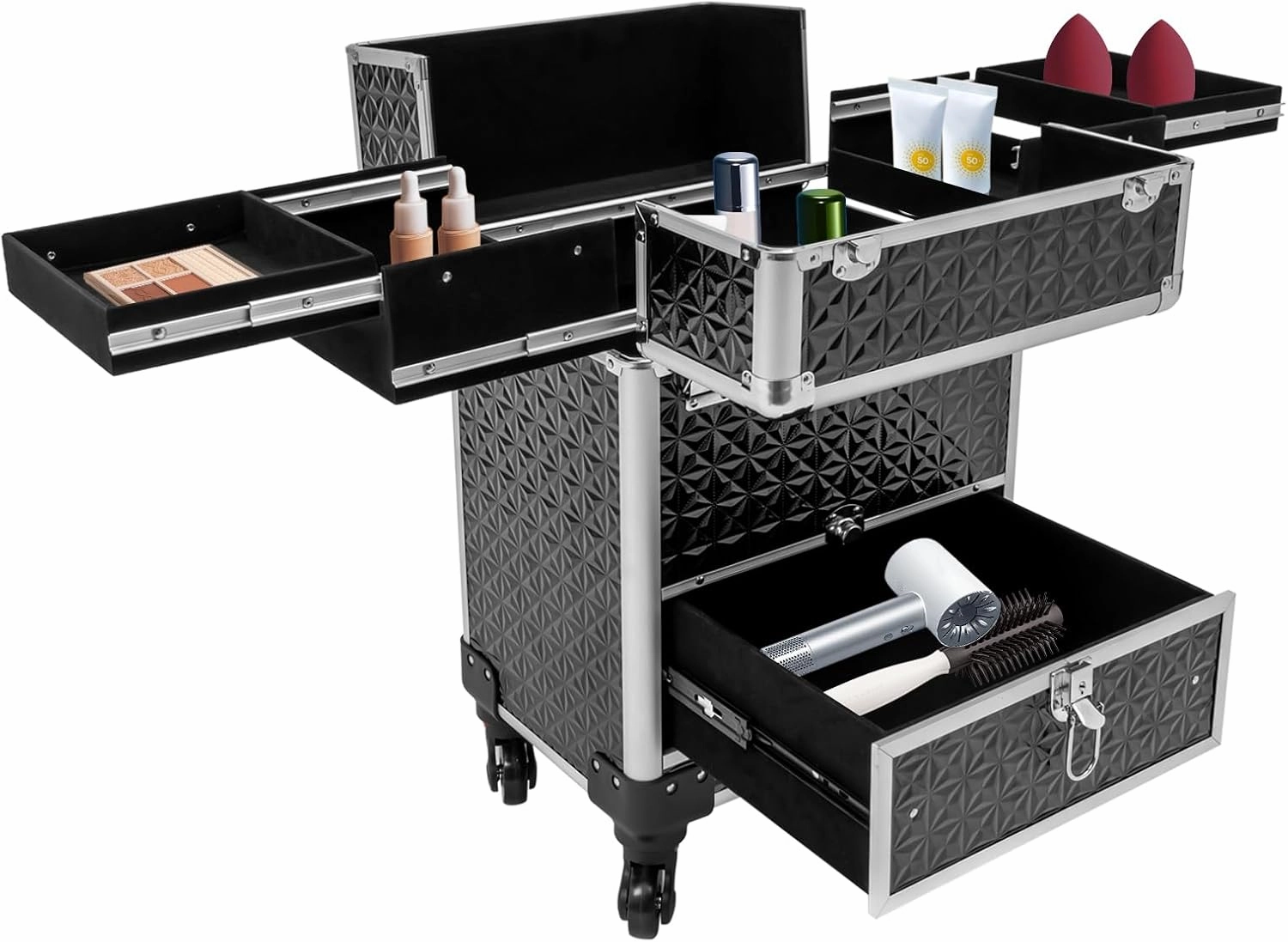 Rolling Makeup Case with Drawers, Professional Makeup Trolley Storage with Retractable 4-Layer Trays, Nail Case with Wheels, for Studio or Travelling Nail Artists Cosmetologist Stylist (Black 2)