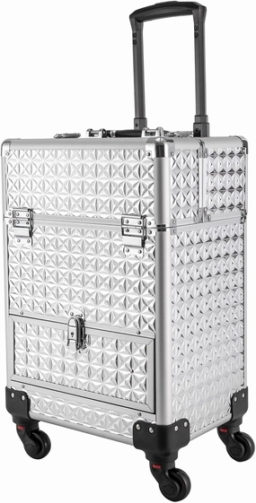 Rolling Makeup Train Case, Manicure Storage Case Organizer Professional Makeup Trolley for Studio or Travelling Nail Technician Artists Cosmetologist Stylist (Sliver) (Sliver)