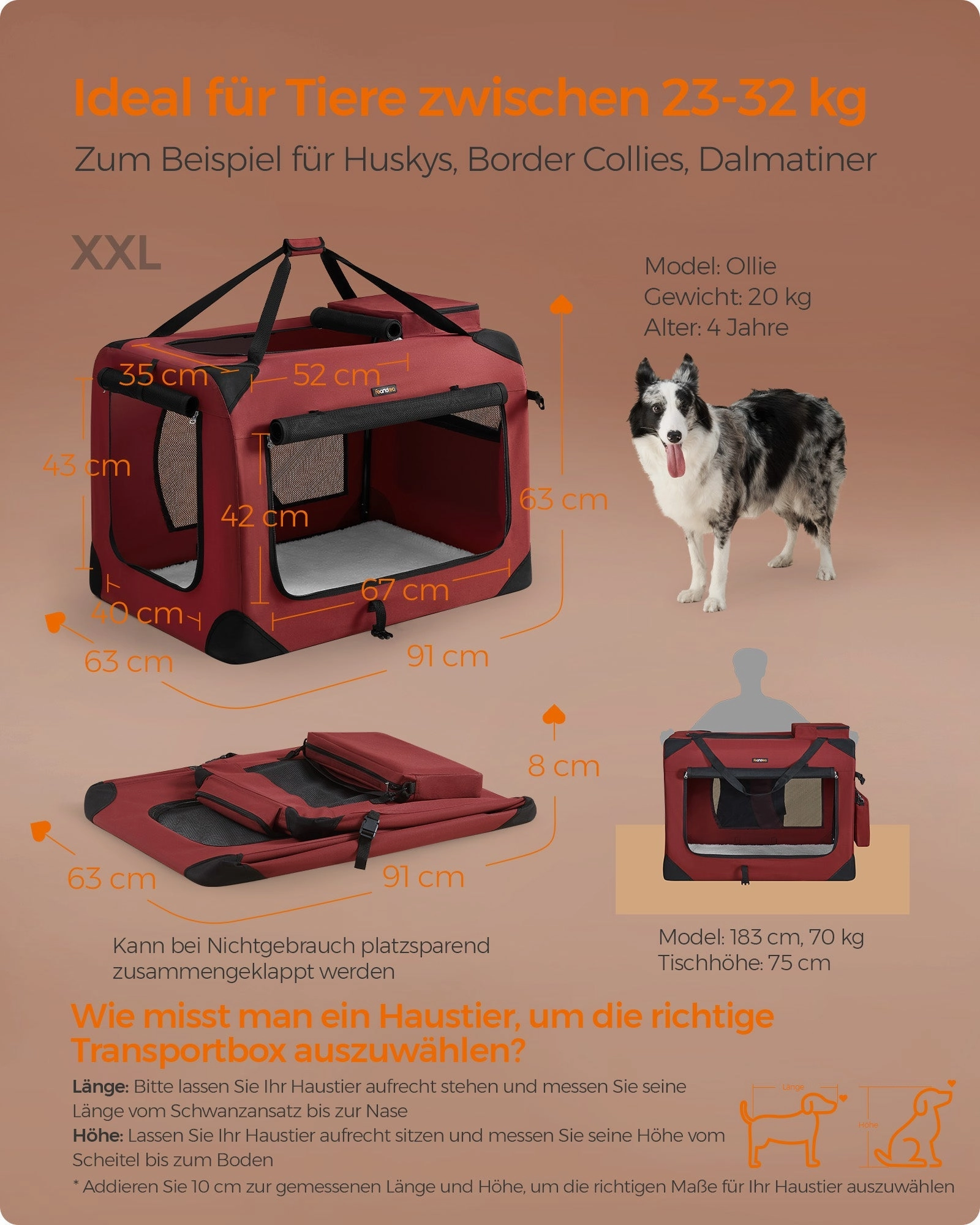 Rootz XXL Berry Red Dog Crate - Pet Carrier - Foldable Kennel - Metal Frame - Oxford Fabric - PVC Coating - Fleece - 91cm x 63cm x 63cm