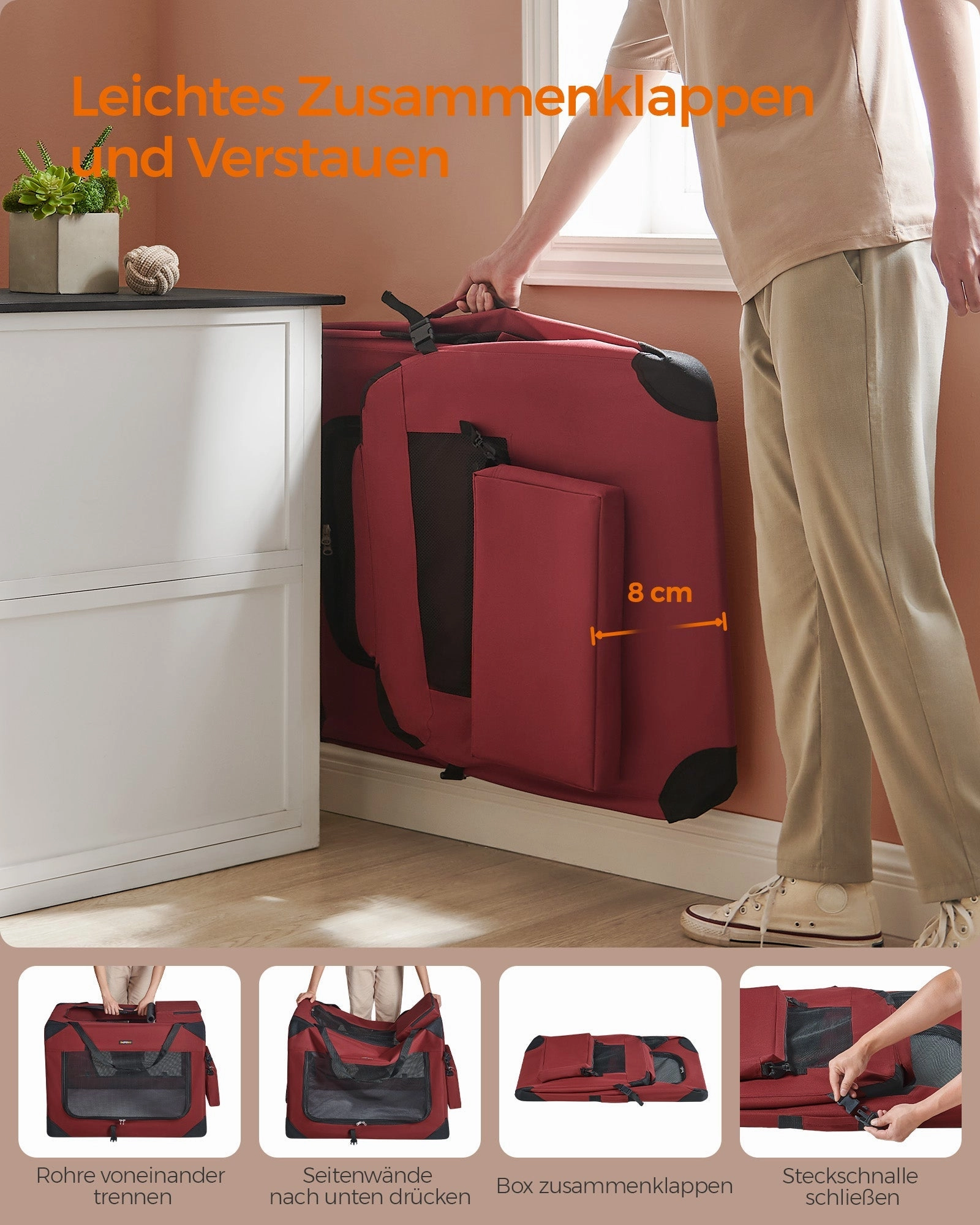 Rootz XXL Berry Red Dog Crate - Pet Carrier - Foldable Kennel - Metal Frame - Oxford Fabric - PVC Coating - Fleece - 91cm x 63cm x 63cm