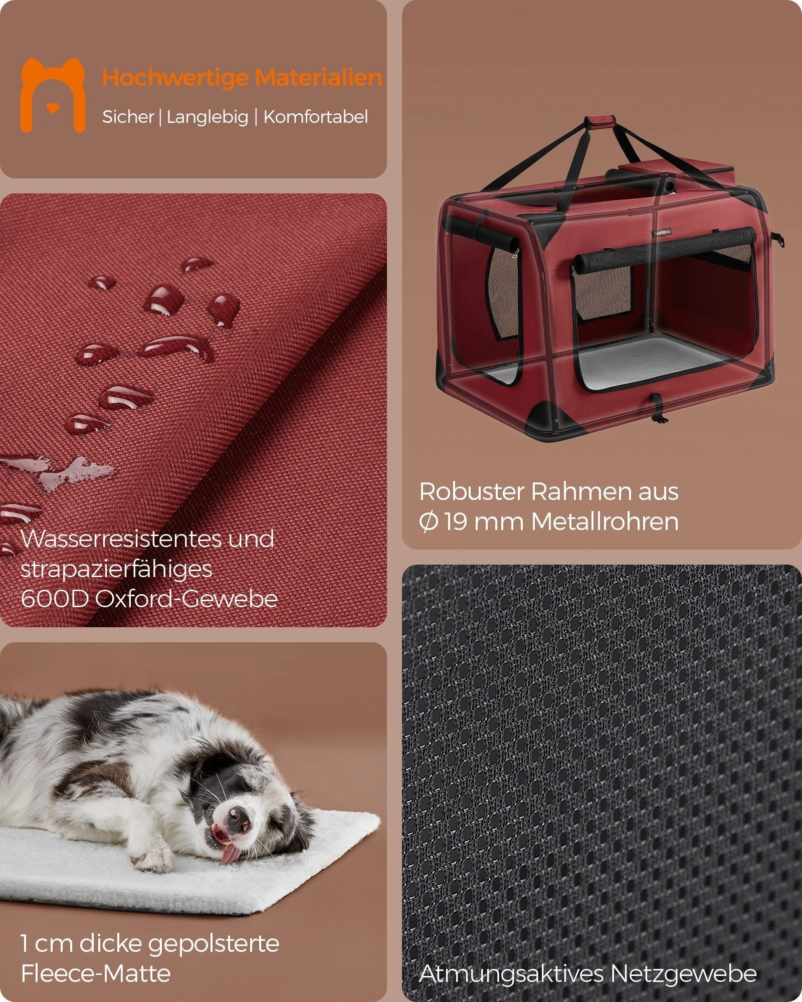 Rootz XXL Berry Red Dog Crate - Pet Carrier - Foldable Kennel - Metal Frame - Oxford Fabric - PVC Coating - Fleece - 91cm x 63cm x 63cm