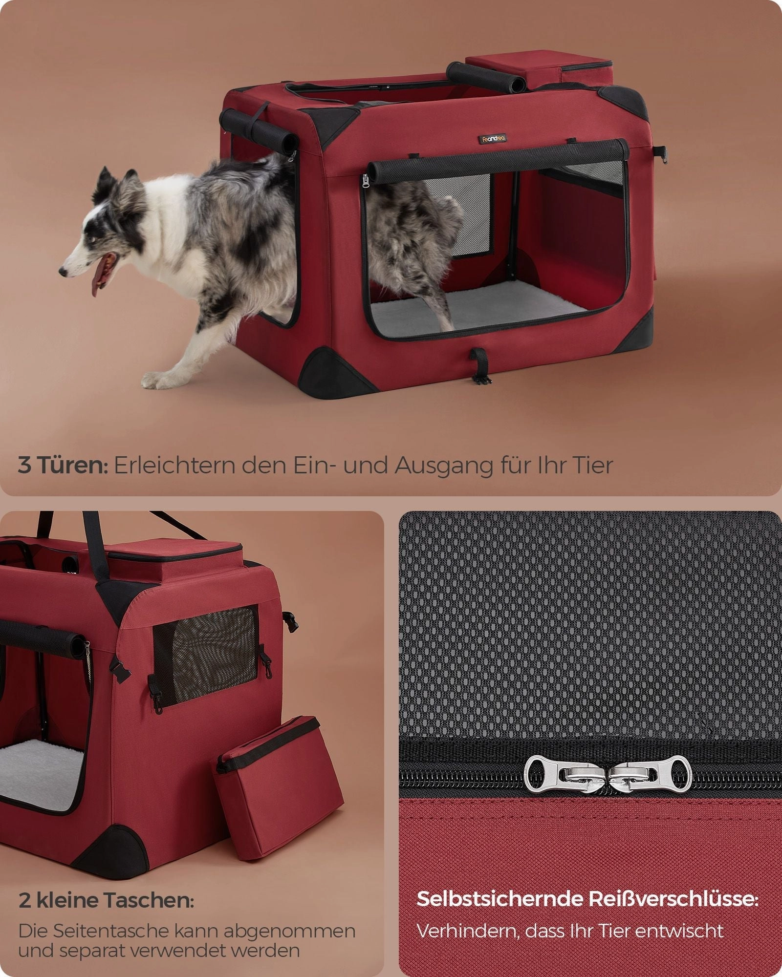 Rootz XXL Berry Red Dog Crate - Pet Carrier - Foldable Kennel - Metal Frame - Oxford Fabric - PVC Coating - Fleece - 91cm x 63cm x 63cm
