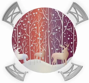 Round Tablecloth With Elastic Edged,Christmas Deer Reindeer Forest Wood Tree Snow Colorful Background Washable Reusable Tables Cover For Kitchen Dining Party Picnic,Fit Round Table up to 72x72 In