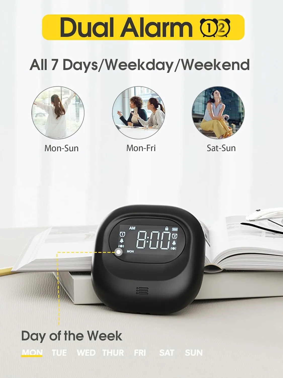 Roxicosly Loud Alarm Clock for Heavy Sleepers, Super Powerful Adjustable Vibration, Travel Bed Shaker Clock for Deaf Hearing Impaired, Battery Operated, USB-C Rechargeable, Cordless, Dual Alarms