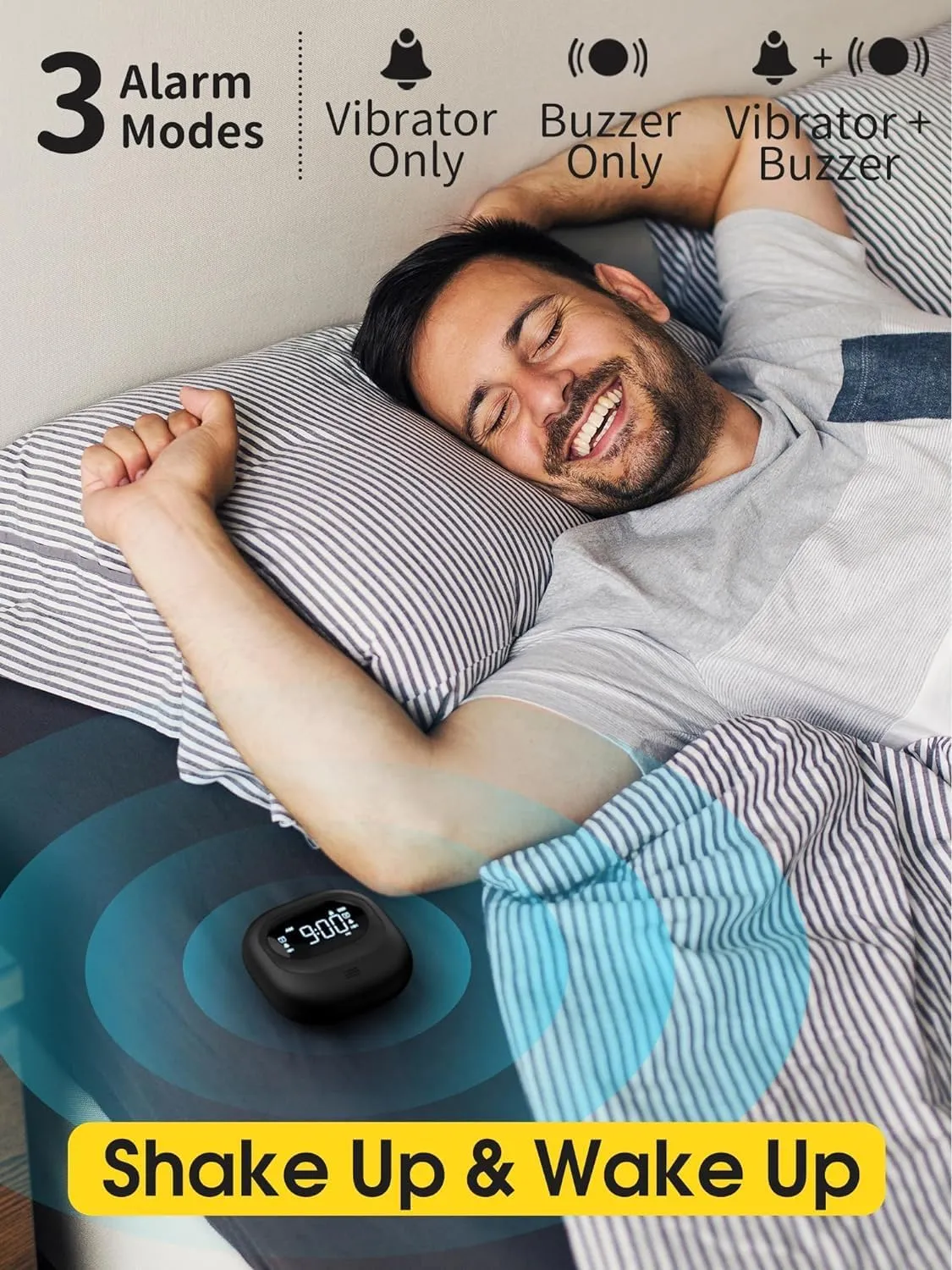 Roxicosly Loud Alarm Clock for Heavy Sleepers, Super Powerful Adjustable Vibration, Travel Bed Shaker Clock for Deaf Hearing Impaired, Battery Operated, USB-C Rechargeable, Cordless, Dual Alarms