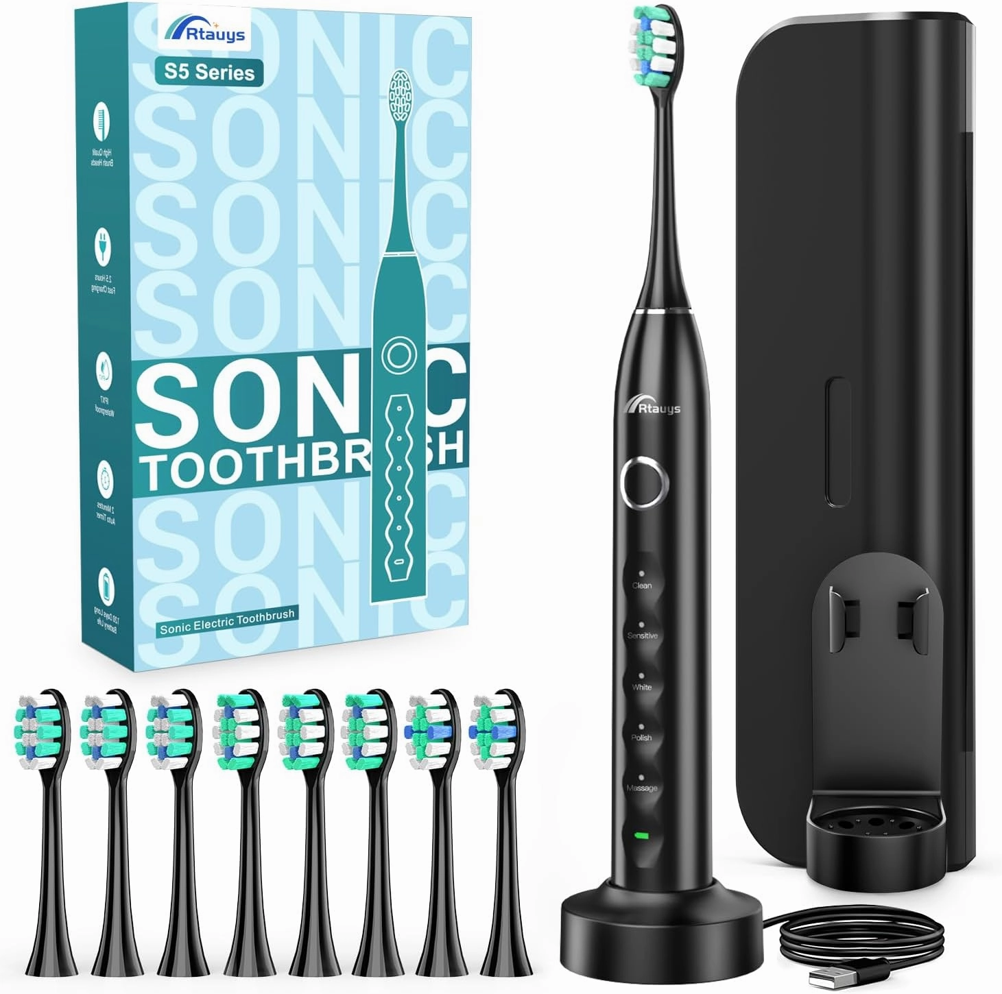 Rtauys Electric Toothbrush for Adults and Kids, Wireless Rechargeable Tooth Brush with 8 Replacement Heads, One Charge for 120 Days, 5 Modes Toothbrush with Travel Case, Black