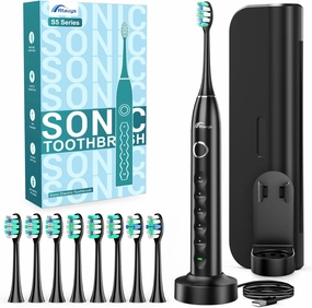 Rtauys Electric Toothbrush for Adults and Kids, Wireless Rechargeable Tooth Brush with 8 Replacement Heads, One Charge for 120 Days, 5 Modes Toothbrush with Travel Case, Black